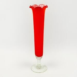 Vtg Red Orange Bud Vase Swirled Clear Base Hand Blown Glass 10” Fluted Ruffled